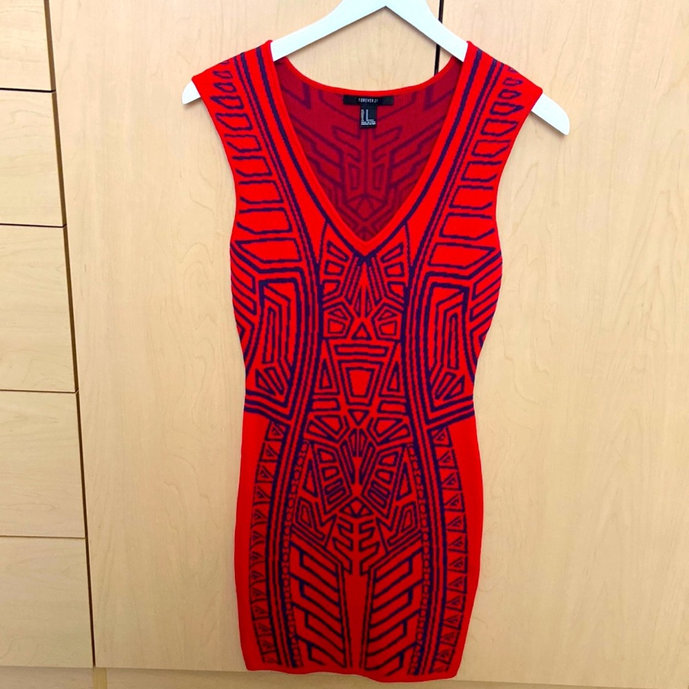 Bright red tribal pattern mini body con dress Forever 21 size medium